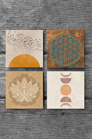 Minimalist, Yaşam Çiçeği, Soyut, Lotus Çiçeği Taş Bardak Altlığı Masaüstü Koruyucu Altlık 4 Parça Set 10x10cm Stone Coasters