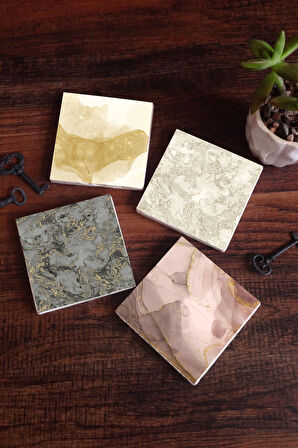Soyut Sanat, Desen Taş Bardak Altlığı Masaüstü Koruyucu Altlık 4 Parça Set 10x10cm Stone Coasters