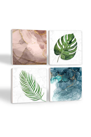 Yaprak, Soyut Sanat Taş Bardak Altlığı Masaüstü Koruyucu Altlık 4 Parça Set 10x10cm Stone Coasters