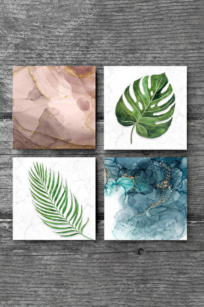 Yaprak, Soyut Sanat Taş Bardak Altlığı Masaüstü Koruyucu Altlık 4 Parça Set 10x10cm Stone Coasters
