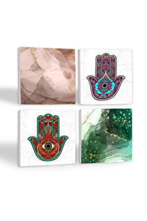 Soyut Sanat, Fatma Ana Eli (Hamsa) Taş Bardak Altlığı Masaüstü Koruyucu Altlık 4 Parça Set 10x10cm Stone Coasters