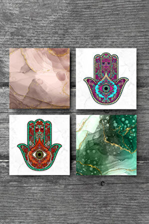 Soyut Sanat, Fatma Ana Eli (Hamsa) Taş Bardak Altlığı Masaüstü Koruyucu Altlık 4 Parça Set 10x10cm Stone Coasters