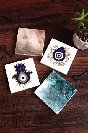 Fatma Ana Eli (Hamsa), Nazar, Soyut Sanat Taş Bardak Altlığı Masaüstü Koruyucu Altlık 4 Parça Set 10x10cm Stone Coasters