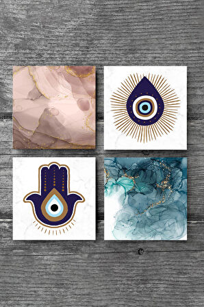 Fatma Ana Eli (Hamsa), Nazar, Soyut Sanat Taş Bardak Altlığı Masaüstü Koruyucu Altlık 4 Parça Set 10x10cm Stone Coasters