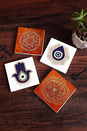 Fatma Ana Eli (Hamsa), Nazar, Sri Yantra, Mandala Taş Bardak Altlığı Masaüstü Koruyucu Altlık 4 Parça Set 10x10cm Stone Coasters