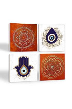 Fatma Ana Eli (Hamsa), Nazar, Sri Yantra, Mandala Taş Bardak Altlığı Masaüstü Koruyucu Altlık 4 Parça Set 10x10cm Stone Coasters