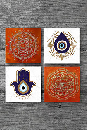 Fatma Ana Eli (Hamsa), Nazar, Sri Yantra, Mandala Taş Bardak Altlığı Masaüstü Koruyucu Altlık 4 Parça Set 10x10cm Stone Coasters