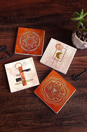 Minimalist Soyut, Sri Yantra, Mandala Taş Bardak Altlığı Masaüstü Koruyucu Altlık 4 Parça Set 10x10cm Stone Coasters