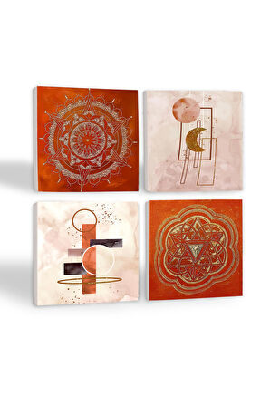 Minimalist Soyut, Sri Yantra, Mandala Taş Bardak Altlığı Masaüstü Koruyucu Altlık 4 Parça Set 10x10cm Stone Coasters