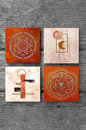 Minimalist Soyut, Sri Yantra, Mandala Taş Bardak Altlığı Masaüstü Koruyucu Altlık 4 Parça Set 10x10cm Stone Coasters