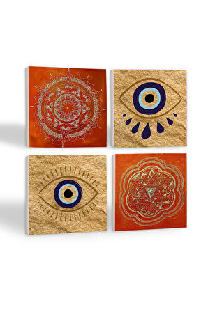 Nazar, Sri Yantra, Mandala Taş Bardak Altlığı Masaüstü Koruyucu Altlık 4 Parça Set 10x10cm Stone Coasters
