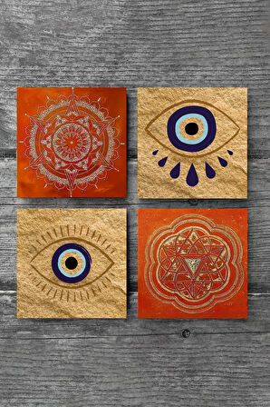 Nazar, Sri Yantra, Mandala Taş Bardak Altlığı Masaüstü Koruyucu Altlık 4 Parça Set 10x10cm Stone Coasters