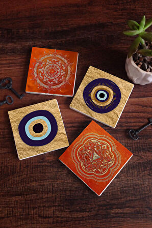 Nazar, Sri Yantra, Mandala Taş Bardak Altlığı Masaüstü Koruyucu Altlık 4 Parça Set 10x10cm Stone Coasters