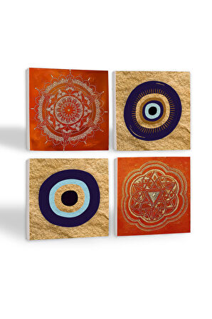 Nazar, Sri Yantra, Mandala Taş Bardak Altlığı Masaüstü Koruyucu Altlık 4 Parça Set 10x10cm Stone Coasters