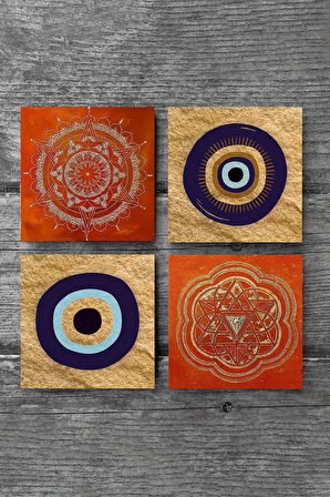 Nazar, Sri Yantra, Mandala Taş Bardak Altlığı Masaüstü Koruyucu Altlık 4 Parça Set 10x10cm Stone Coasters