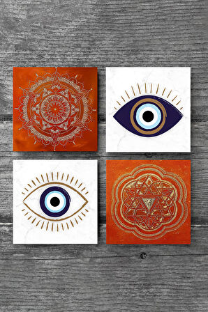 Nazar, Sri Yantra, Mandala Taş Bardak Altlığı Masaüstü Koruyucu Altlık 4 Parça Set 10x10cm Stone Coasters