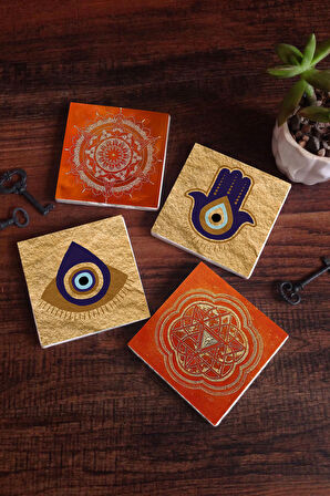 Fatma Ana Eli (Hamsa), Nazar, Sri Yantra, Mandala Taş Bardak Altlığı Masaüstü Koruyucu Altlık 4 Parça Set 10x10cm Stone Coasters