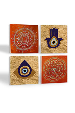 Fatma Ana Eli (Hamsa), Nazar, Sri Yantra, Mandala Taş Bardak Altlığı Masaüstü Koruyucu Altlık 4 Parça Set 10x10cm Stone Coasters