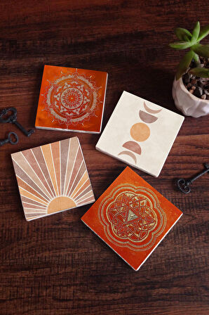 Minimalist Soyut, Sri Yantra, Mandala Taş Bardak Altlığı Masaüstü Koruyucu Altlık 4 Parça Set 10x10cm Stone Coasters