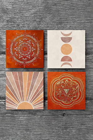 Minimalist Soyut, Sri Yantra, Mandala Taş Bardak Altlığı Masaüstü Koruyucu Altlık 4 Parça Set 10x10cm Stone Coasters