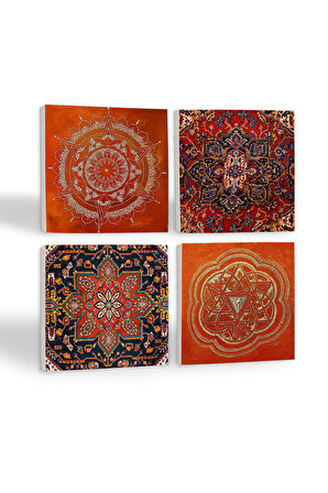 Desen, Sri Yantra, Mandala Taş Bardak Altlığı Masaüstü Koruyucu Altlık 4 Parça Set 10x10cm Stone Coasters