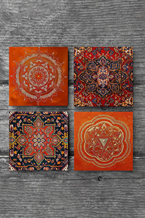 Desen, Sri Yantra, Mandala Taş Bardak Altlığı Masaüstü Koruyucu Altlık 4 Parça Set 10x10cm Stone Coasters