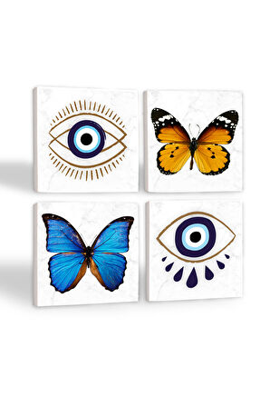 Nazar, Kelebek Taş Bardak Altlığı Masaüstü Koruyucu Altlık 4 Parça Set 10x10cm Stone Coasters