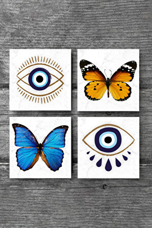 Nazar, Kelebek Taş Bardak Altlığı Masaüstü Koruyucu Altlık 4 Parça Set 10x10cm Stone Coasters