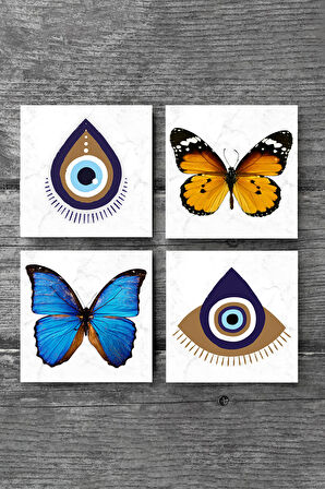 Nazar, Kelebek Taş Bardak Altlığı Masaüstü Koruyucu Altlık 4 Parça Set 10x10cm Stone Coasters