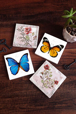 Gül Çiçek, Kelebek Taş Bardak Altlığı Masaüstü Koruyucu Altlık 4 Parça Set 10x10cm Stone Coasters