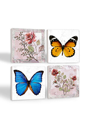 Gül Çiçek, Kelebek Taş Bardak Altlığı Masaüstü Koruyucu Altlık 4 Parça Set 10x10cm Stone Coasters