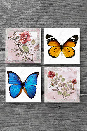 Gül Çiçek, Kelebek Taş Bardak Altlığı Masaüstü Koruyucu Altlık 4 Parça Set 10x10cm Stone Coasters