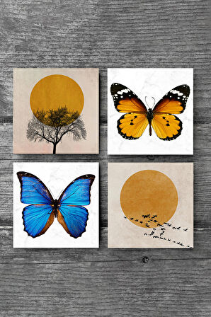 Minimalist, Kelebek Taş Bardak Altlığı Masaüstü Koruyucu Altlık 4 Parça Set 10x10cm Stone Coasters