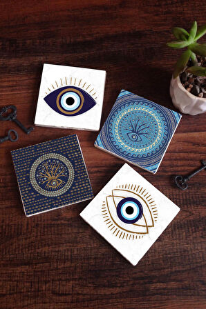 Nazar Taş Bardak Altlığı Masaüstü Koruyucu Altlık 4 Parça Set 10x10cm Stone Coasters
