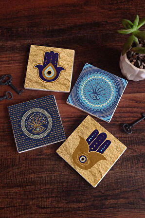 Fatma Ana Eli (Hamsa), Nazar Ağaç Taş Bardak Altlığı Masaüstü Koruyucu Altlık 4 Parça Set 10x10cm Stone Coasters