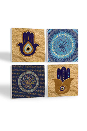 Fatma Ana Eli (Hamsa), Nazar Ağaç Taş Bardak Altlığı Masaüstü Koruyucu Altlık 4 Parça Set 10x10cm Stone Coasters