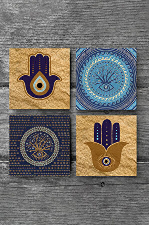 Fatma Ana Eli (Hamsa), Nazar Ağaç Taş Bardak Altlığı Masaüstü Koruyucu Altlık 4 Parça Set 10x10cm Stone Coasters