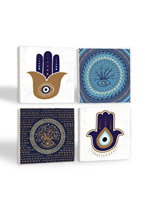 Fatma Ana Eli (Hamsa), Nazar Ağaç Taş Bardak Altlığı Masaüstü Koruyucu Altlık 4 Parça Set 10x10cm Stone Coasters