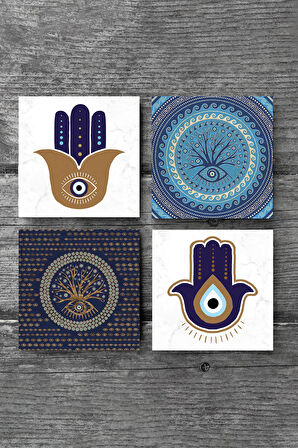 Fatma Ana Eli (Hamsa), Nazar Ağaç Taş Bardak Altlığı Masaüstü Koruyucu Altlık 4 Parça Set 10x10cm Stone Coasters