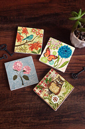 Kelebek, Serçe, Pembe Ortanca Çiçeği, Baykuş Taş Bardak Altlığı Masaüstü Koruyucu Altlık 4 Parça Set 10x10cm Stone Coasters