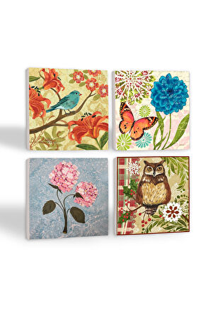 Kelebek, Serçe, Pembe Ortanca Çiçeği, Baykuş Taş Bardak Altlığı Masaüstü Koruyucu Altlık 4 Parça Set 10x10cm Stone Coasters