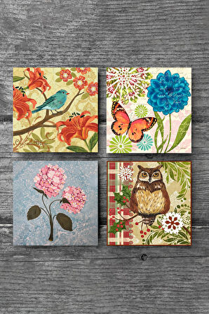 Kelebek, Serçe, Pembe Ortanca Çiçeği, Baykuş Taş Bardak Altlığı Masaüstü Koruyucu Altlık 4 Parça Set 10x10cm Stone Coasters