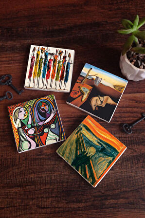 Dalí Belleğin Azmi, Picasso Ayna Karşısındaki Kız, Çığlık, Yerli Kadınlar Taş Bardak Altlığı Masaüstü Koruyucu Altlık 4 Parça Set 10x10cm Stone Coasters