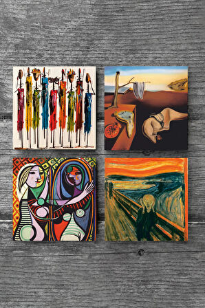 Dalí Belleğin Azmi, Picasso Ayna Karşısındaki Kız, Çığlık, Yerli Kadınlar Taş Bardak Altlığı Masaüstü Koruyucu Altlık 4 Parça Set 10x10cm Stone Coasters