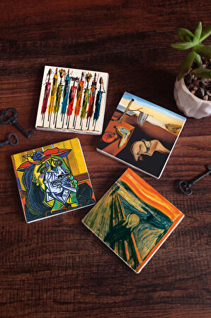 Salvador Dalí Belleğin Azmi, Picasso Ağlayan Kadın, Çığlık, Yerli Kadınlar Taş Bardak Altlığı Masaüstü Koruyucu Altlık 4 Parça Set 10x10cm Stone Coasters