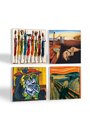 Salvador Dalí Belleğin Azmi, Picasso Ağlayan Kadın, Çığlık, Yerli Kadınlar Taş Bardak Altlığı Masaüstü Koruyucu Altlık 4 Parça Set 10x10cm Stone Coasters