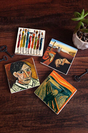 Salvador Dalí Belleğin Azmi, Picasso Otoportre, Çığlık, Yerli Kadınlar Taş Bardak Altlığı Masaüstü Koruyucu Altlık 4 Parça Set 10x10cm Stone Coasters