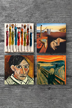 Salvador Dalí Belleğin Azmi, Picasso Otoportre, Çığlık, Yerli Kadınlar Taş Bardak Altlığı Masaüstü Koruyucu Altlık 4 Parça Set 10x10cm Stone Coasters