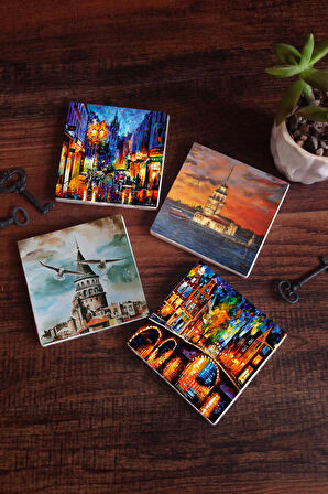 Köprü Manzarası, Sokak Manzarası, İstanbul Galata Kulesi, Kız Kulesi Taş Bardak Altlığı Masaüstü Koruyucu Altlık 4 Parça Set 10x10cm Stone Coasters