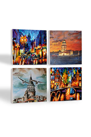 Köprü Manzarası, Sokak Manzarası, İstanbul Galata Kulesi, Kız Kulesi Taş Bardak Altlığı Masaüstü Koruyucu Altlık 4 Parça Set 10x10cm Stone Coasters
